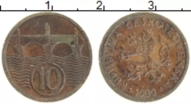 Монета 10 хеллеров Чехословакии 1933 года Бронза