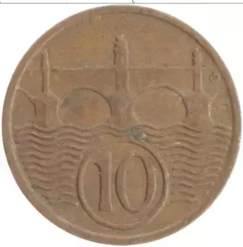 Монета 10 хеллеров Чехословакии 1934 года Медь