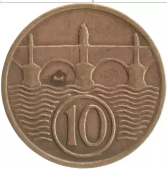 Монета 10 хеллеров Чехословакии 1937 года Бронза