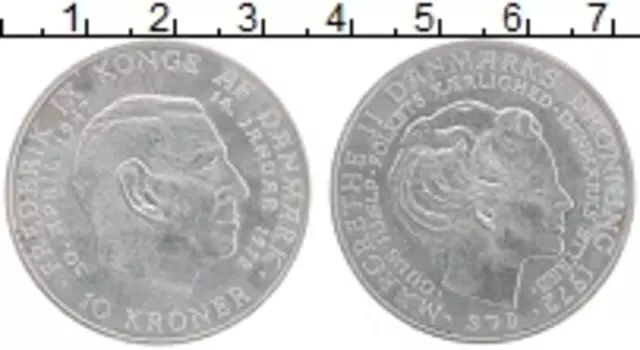 Монета 10 крон Дании 1972 года Серебро Смерть короля Фредерика IX и восхождение на трон королевы Маргрете II