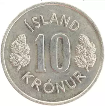 Монета 10 крон Исландии 1975 года Медно-никель