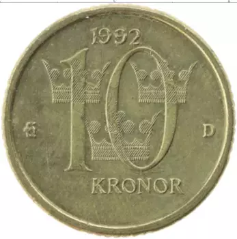 Монета 10 крон Швеции 1992 года Латунь Карл XVI Густав