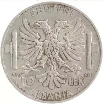 Монета 10 лек Албании 1939 года Серебро Витторио Эммануил III