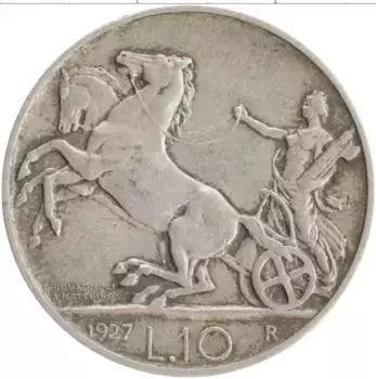 Монета 10 лир Италии 1927 года Серебро Витторио Эммануил III