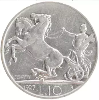 Монета 10 лир Италии 1927 года Серебро Витторио Эммануил III