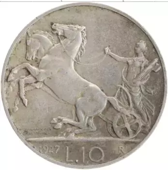 Монета 10 лир Италии 1927 года Серебро Витторио Эммануил III