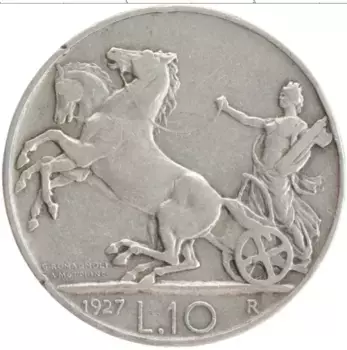 Монета 10 лир Италии 1927 года Серебро Витторио Эммануил III