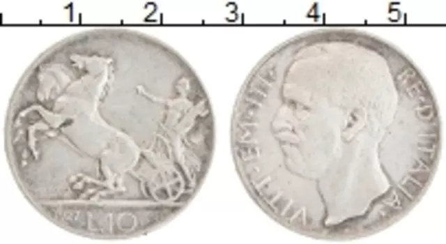 Монета 10 лир Италии 1927 года Серебро Виктор Эммануил III