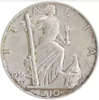 Монета 10 лир Италии 1936 года Серебро Витторио Имануил III