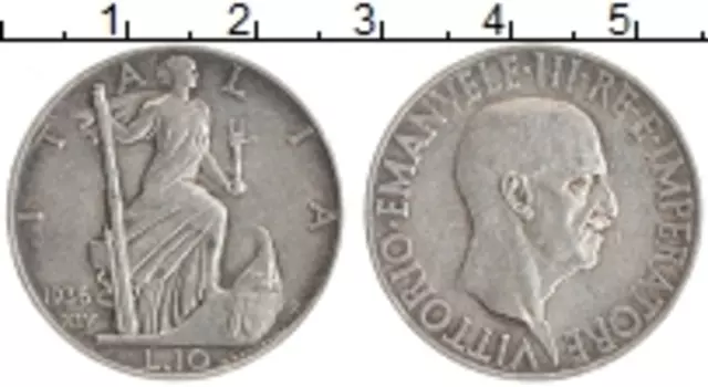 Монета 10 лир Италии 1936 года Серебро Витторио Эммануил III