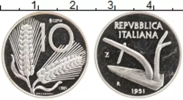 Монета 10 лир Италии 1951 года Серебро Официальный выпуск Монетного Двора