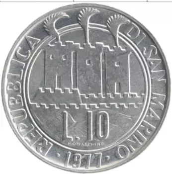 Монета 10 лир Сан-Марино 1977 года Алюминий
