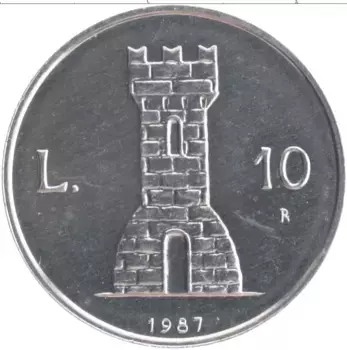 Монета 10 лир Сан-Марино 1987 года Алюминий 15 лет Возобновления чеканки монет