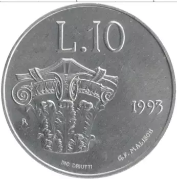 Монета 10 лир Сан-Марино 1993 года Алюминий