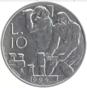 Монета 10 лир Сан-Марино 1994 года Алюминий