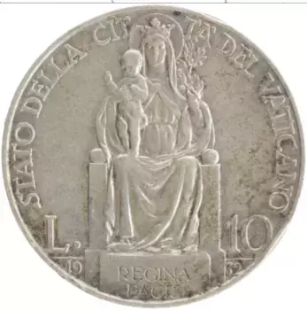 Монета 10 лир Ватикана 1932 года Серебро Пий XI