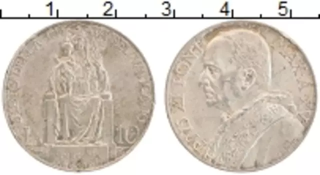 Монета 10 лир Ватикана 1936 года Серебро Пий XI