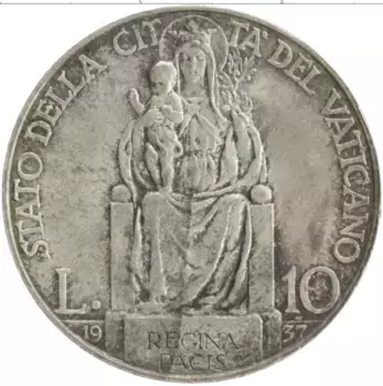 Монета 10 лир Ватикана 1937 года Серебро Пий XI