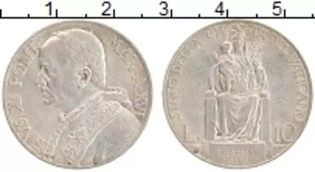 Монета 10 лир Ватикана 1937 года Серебро Пий XI