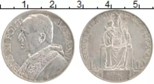 Монета 10 лир Ватикана 1937 года Серебро Пий XI