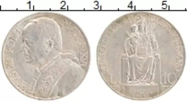 Монета 10 лир Ватикана 1937 года Серебро Пий XI