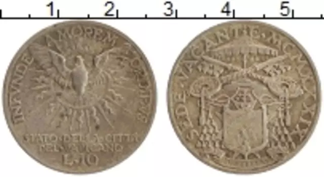 Монета 10 лир Ватикана 1939 года Серебро Престол вакантен