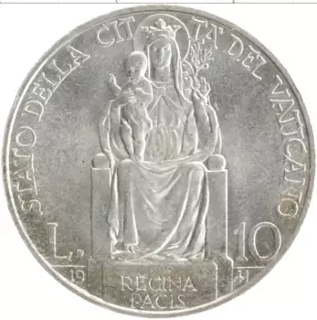 Монета 10 лир Ватикана 1941 года Серебро Пий XII