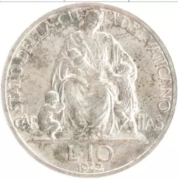 Монета 10 лир Ватикана 1942 года Серебро Пий XII