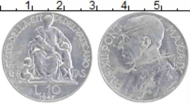 Монета 10 лир Ватикана 1947 года Алюминий Пий XII