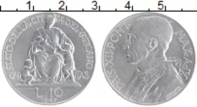 Монета 10 лир Ватикана 1947 года Алюминий Пий XII