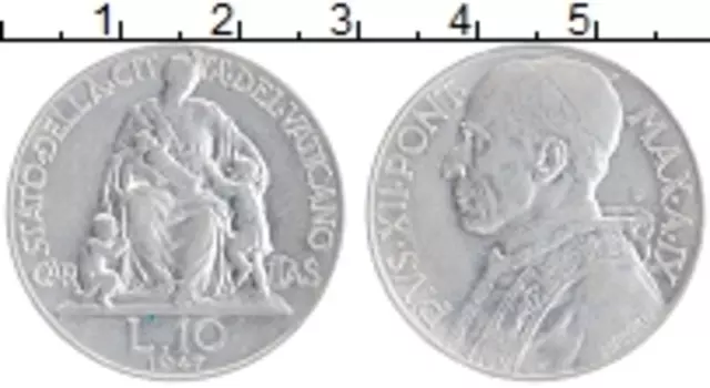 Монета 10 лир Ватикана 1947 года Алюминий Пий XII