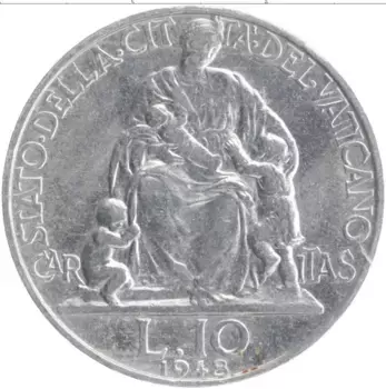 Монета 10 лир Ватикана 1948 года Алюминий Пий XII