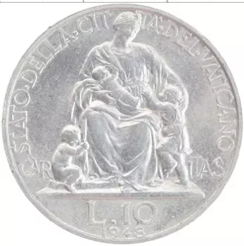 Монета 10 лир Ватикана 1948 года Алюминий Пий XII