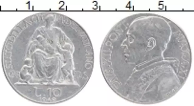 Монета 10 лир Ватикана 1949 года Алюминий Пий XII