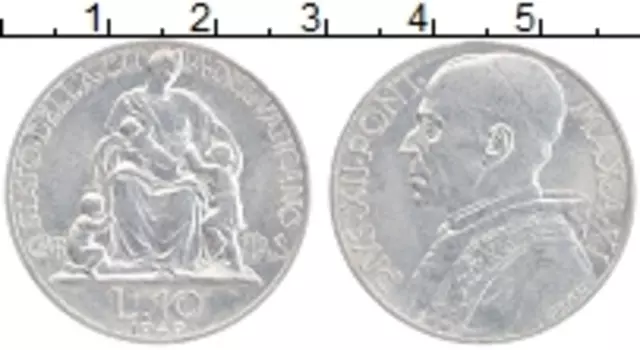 Монета 10 лир Ватикана 1949 года Алюминий Пий XII