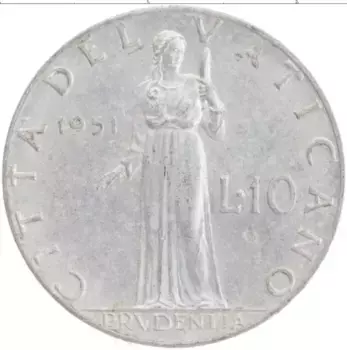 Монета 10 лир Ватикана 1951 года Алюминий Пий XII