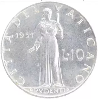 Монета 10 лир Ватикана 1951 года Алюминий Пий XII