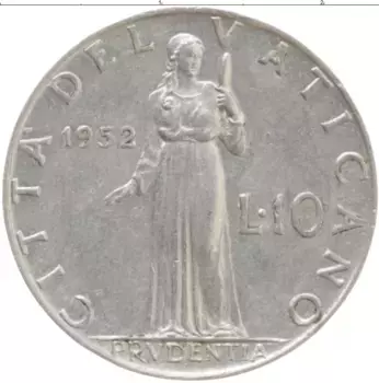 Монета 10 лир Ватикана 1951 года Алюминий KM#52