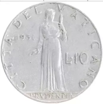 Монета 10 лир Ватикана 1951 года Алюминий Пий XII