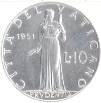 Монета 10 лир Ватикана 1951 года Алюминий Пий XII