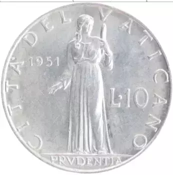 Монета 10 лир Ватикана 1951 года Алюминий Пий XII