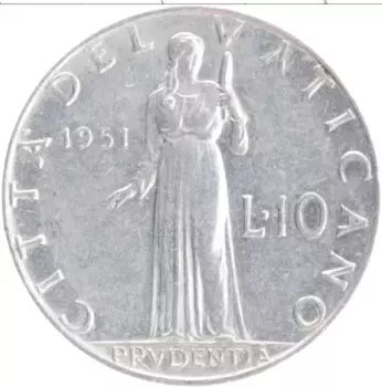 Монета 10 лир Ватикана 1951 года Алюминий Пий XII