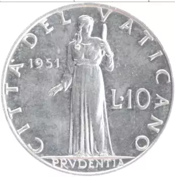 Монета 10 лир Ватикана 1951 года Алюминий Пий XII