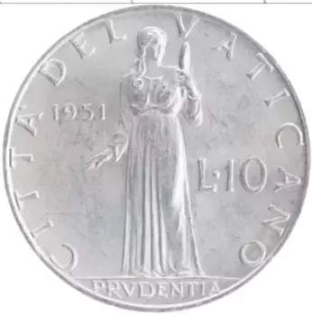Монета 10 лир Ватикана 1951 года Алюминий Пий XII