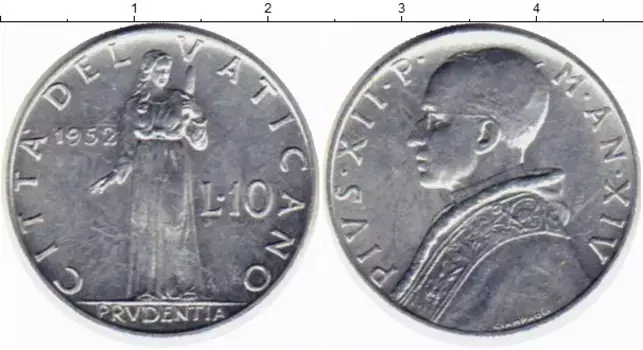 Монета 10 лир Ватикана 1952 года Алюминий Пий XII