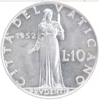 Монета 10 лир Ватикана 1952 года Алюминий Пий XII