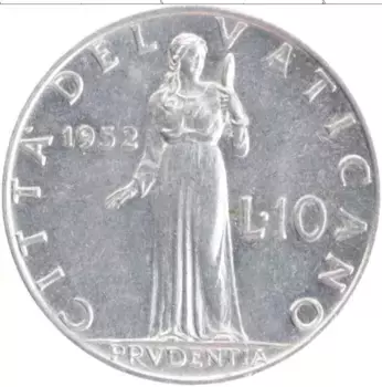 Монета 10 лир Ватикана 1952 года Алюминий Пий XII