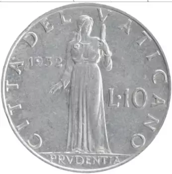 Монета 10 лир Ватикана 1952 года Алюминий Пий XII