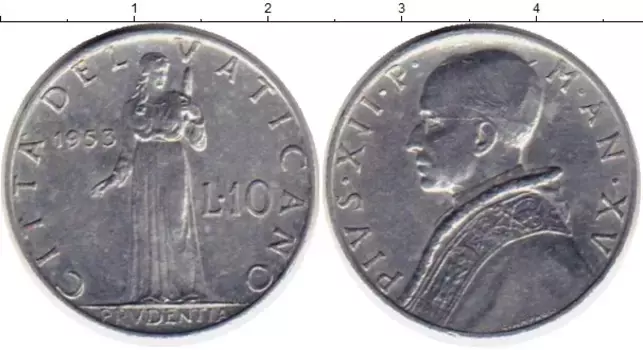 Монета 10 лир Ватикана 1953 года Алюминий Пий XII