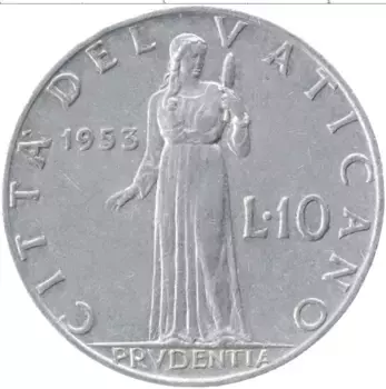 Монета 10 лир Ватикана 1953 года Алюминий Пий XII